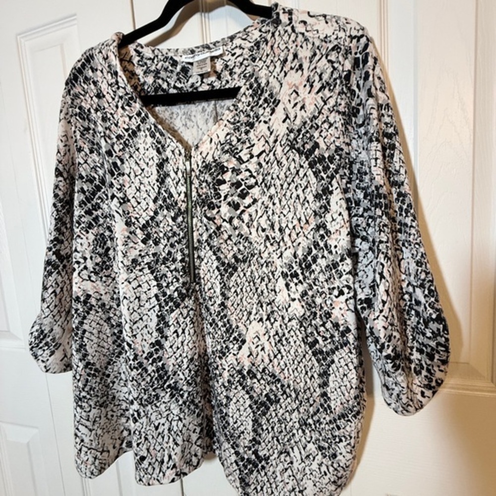 Cathy Daniels Black & Pink Patterned Blouse/Sweater Sz XL  - silver buttons AB